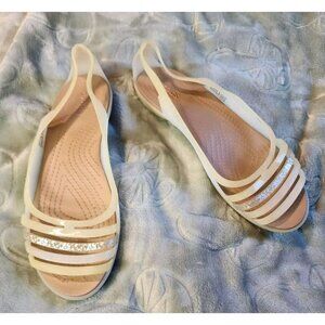 Crocs Isabella Huarache 2 Flat Sandals Beige Brown Summer Vacation Womens Size 9